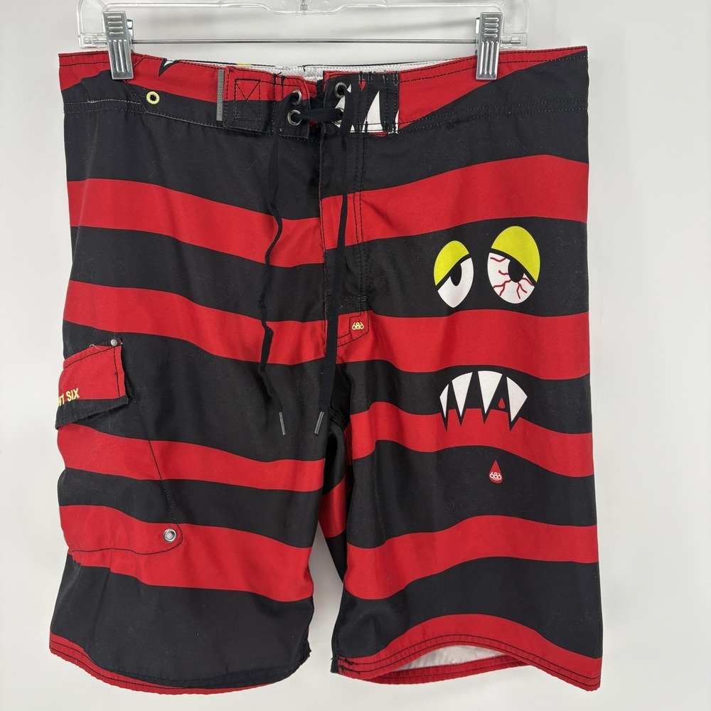 686 Six Eight Six Board Shorts Men 34 Red and Black Stripe Trunks Surf Swim Wear